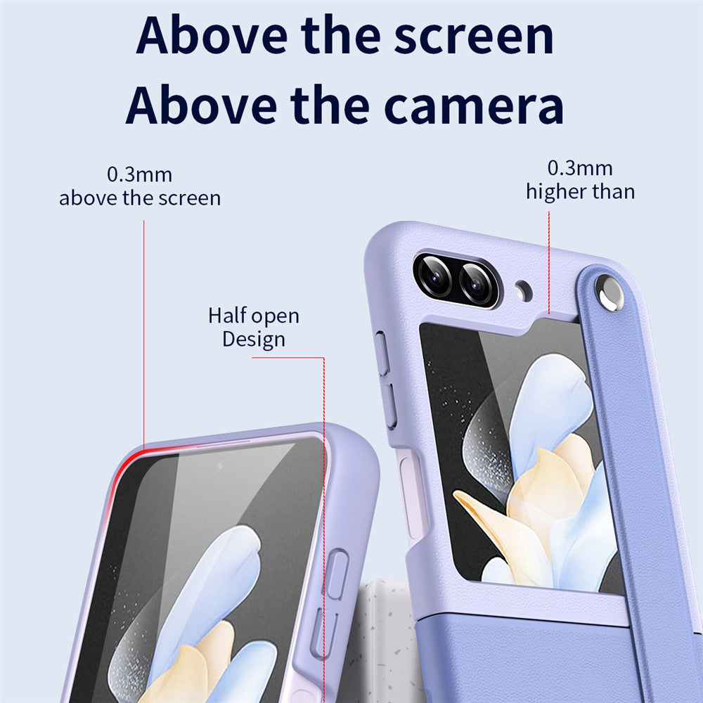 For Samsung Galaxy Z Flip7 FE 5G / Z Flip6 5G / Z Flip5 5G PU+PC Case Dual Color Hand Strap Kickstand Phone Cover - Sky Blue / Light Purple