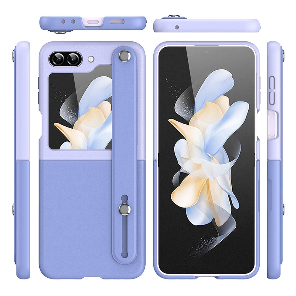 For Samsung Galaxy Z Flip7 FE 5G / Z Flip6 5G / Z Flip5 5G PU+PC Case Dual Color Hand Strap Kickstand Phone Cover - Sky Blue / Light Purple