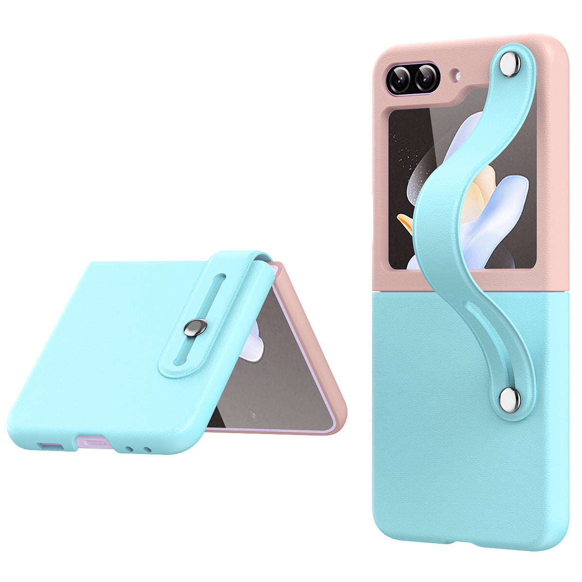 For Samsung Galaxy Z Flip6 5G PU+PC Case Dual Color Hand Strap Kickstand Phone Cover - Baby Blue / Pink