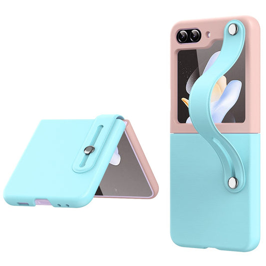 For Samsung Galaxy Z Flip7 FE 5G / Z Flip6 5G / Z Flip5 5G PU+PC Case Dual Color Hand Strap Kickstand Phone Cover - Baby Blue / Pink