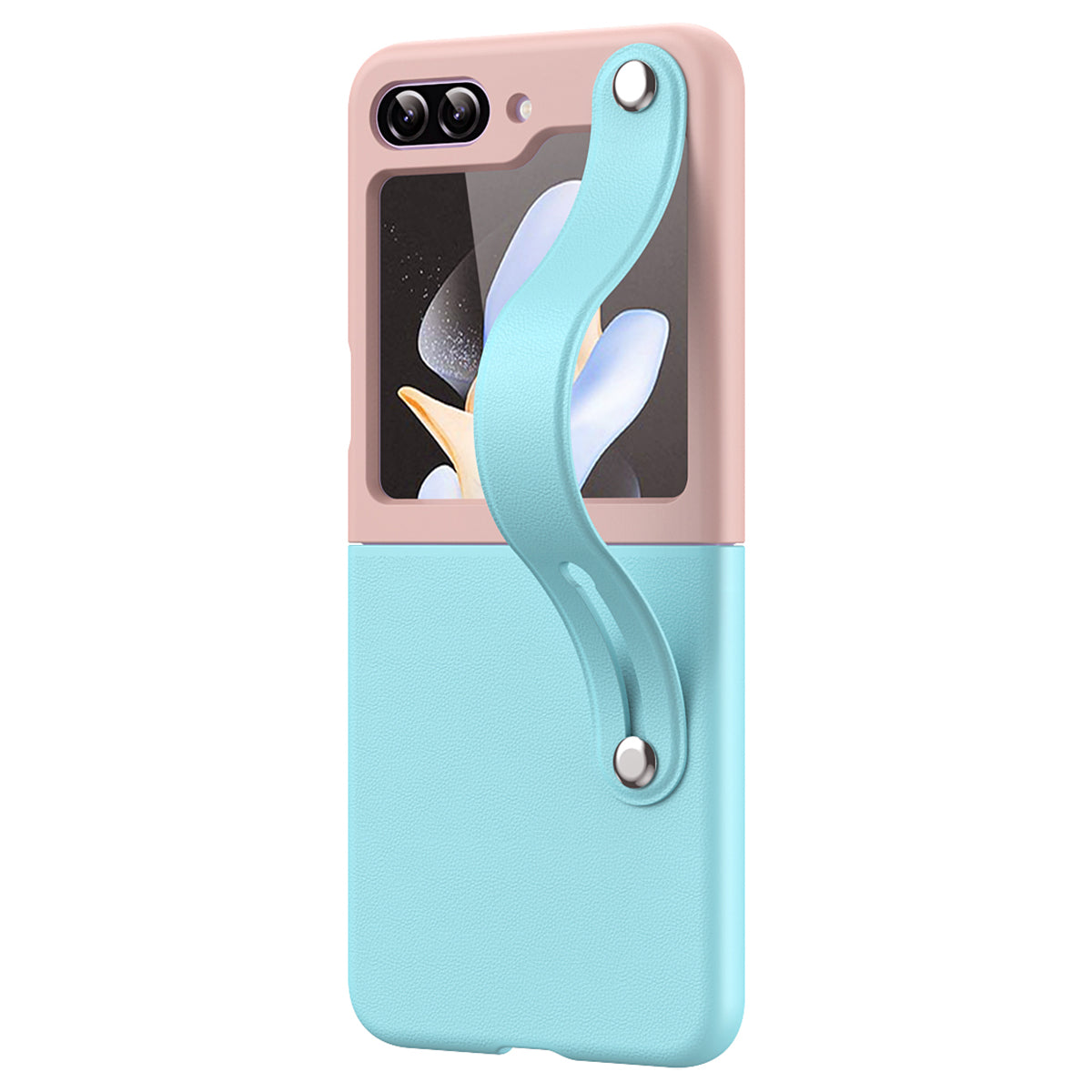 For Samsung Galaxy Z Flip6 5G PU+PC Case Dual Color Hand Strap Kickstand Phone Cover - Baby Blue / Pink