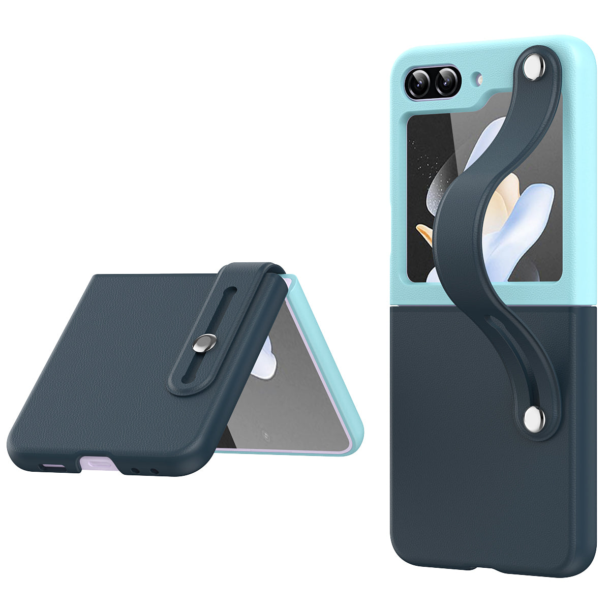 For Samsung Galaxy Z Flip6 5G PU+PC Case Dual Color Hand Strap Kickstand Phone Cover - Dark Blue / Baby Blue