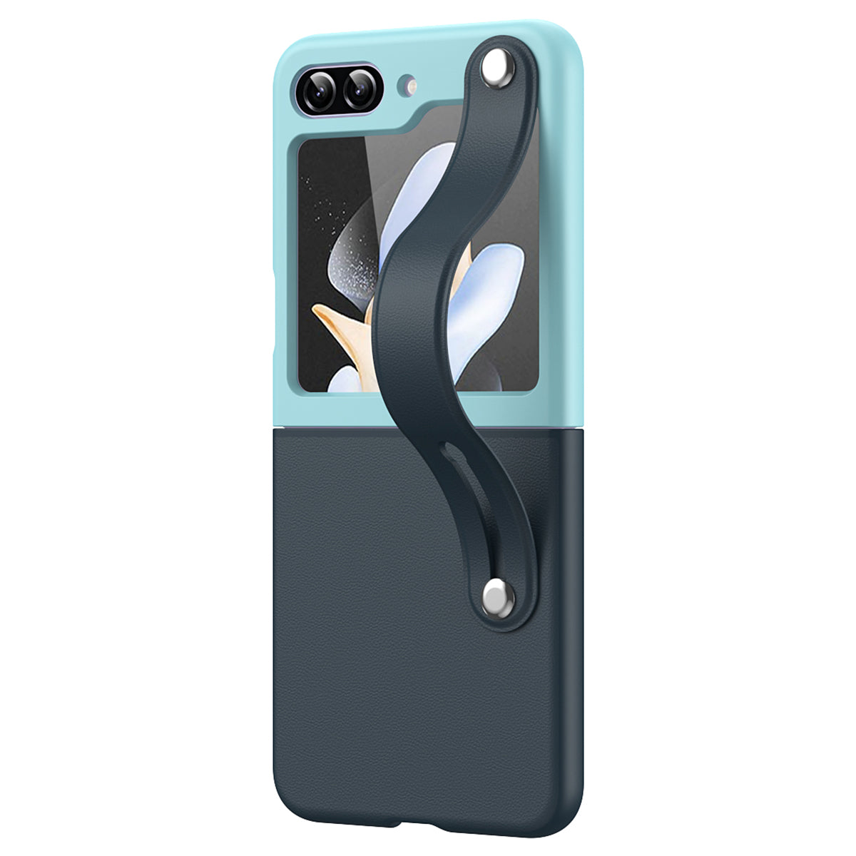 For Samsung Galaxy Z Flip6 5G PU+PC Case Dual Color Hand Strap Kickstand Phone Cover - Dark Blue / Baby Blue
