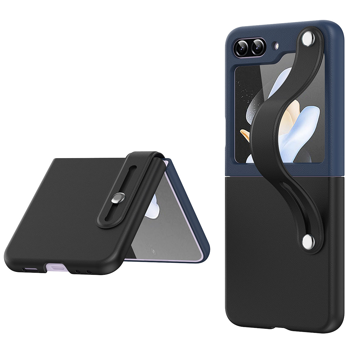 For Samsung Galaxy Z Flip6 5G PU+PC Case Dual Color Hand Strap Kickstand Phone Cover - Black / Navy Blue