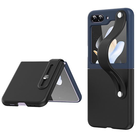 For Samsung Galaxy Z Flip7 FE 5G / Z Flip6 5G / Z Flip5 5G PU+PC Case Dual Color Hand Strap Kickstand Phone Cover - Black / Navy Blue