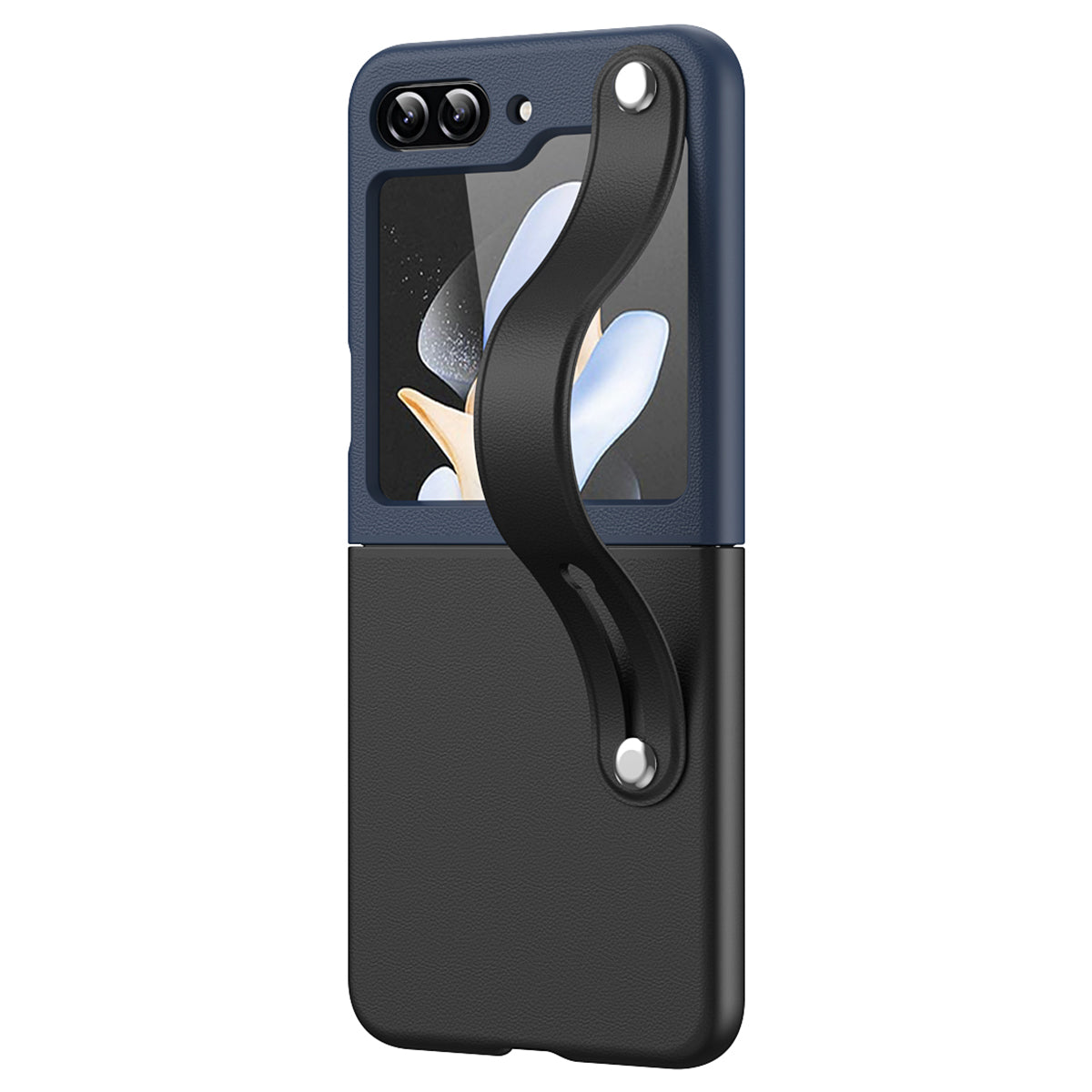 For Samsung Galaxy Z Flip6 5G PU+PC Case Dual Color Hand Strap Kickstand Phone Cover - Black / Navy Blue