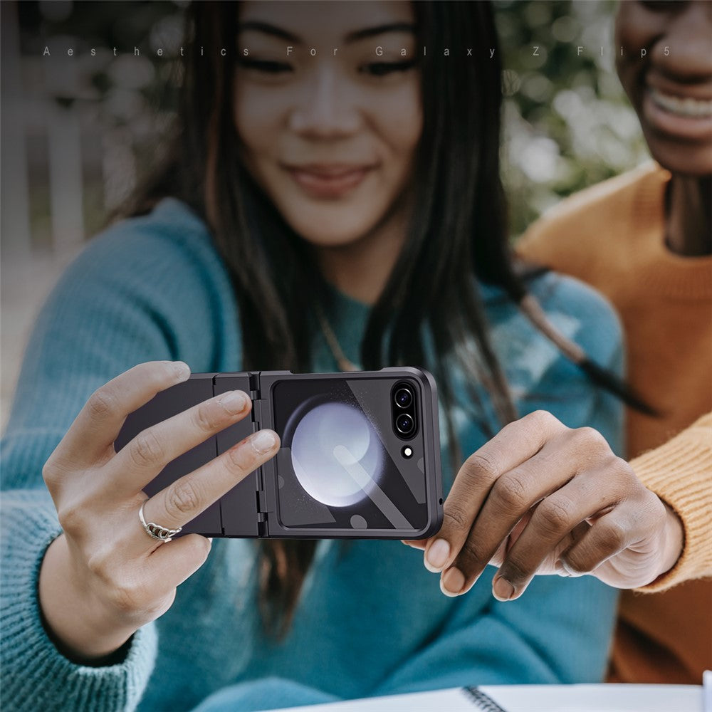 For Samsung Galaxy Z Flip7 FE 5G / Z Flip6 5G / Z Flip5 5G Case Hard PC Non-Slip Phone Cover with Tempered Glass Film - Black