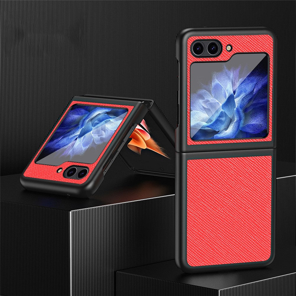 For Samsung Galaxy Z Flip7 FE 5G / Z Flip6 5G / Z Flip5 5G Case Shockproof Cross Texture PU Leather + PC Phone Cover - Red