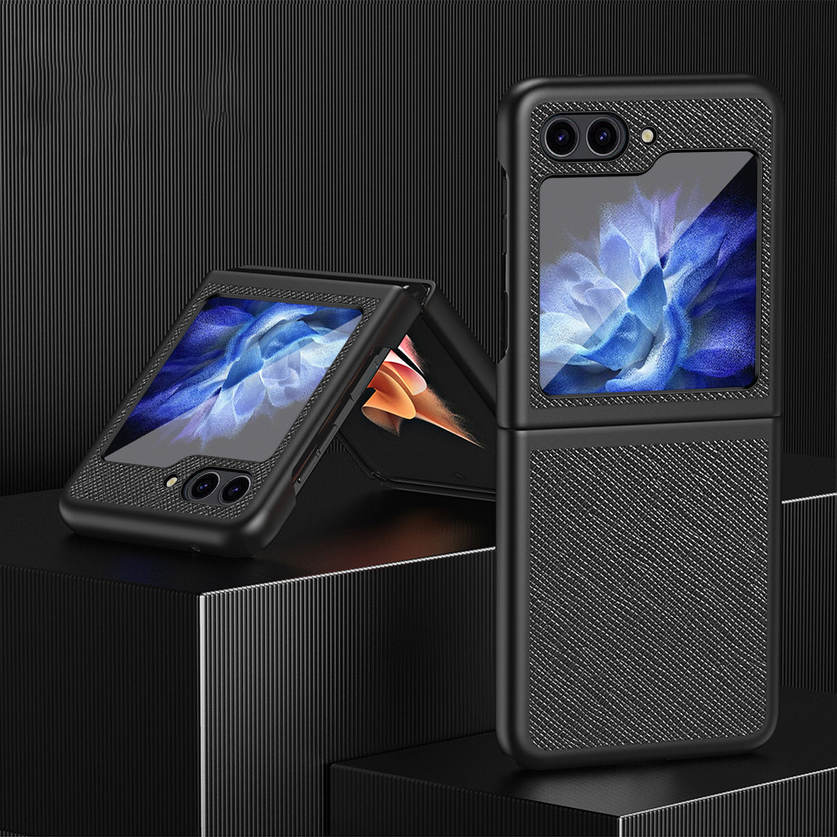 For Samsung Galaxy Z Flip6 5G Case Shockproof Cross Texture PU Leather + PC Phone Cover - Black