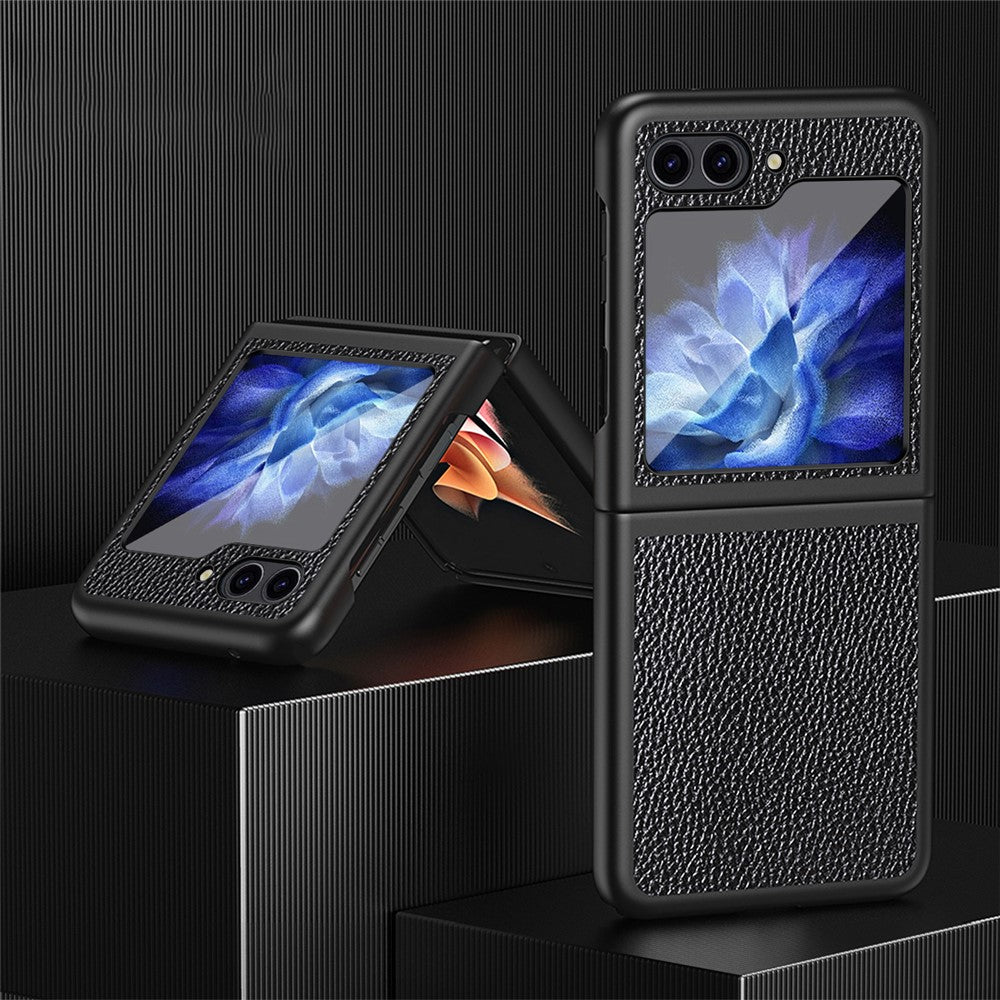 For Samsung Galaxy Z Flip7 FE 5G / Z Flip6 5G / Z Flip5 5G Case PU Leather+Hard PC Anti-Drop Phone Cover - Black
