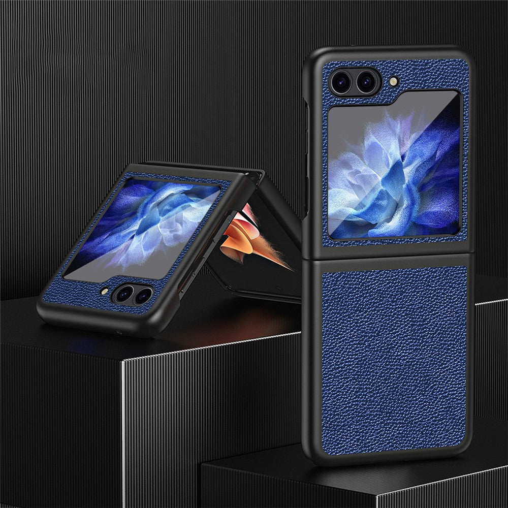 For Samsung Galaxy Z Flip7 FE 5G / Z Flip6 5G / Z Flip5 5G Case PU Leather+Hard PC Anti-Drop Phone Cover - Blue