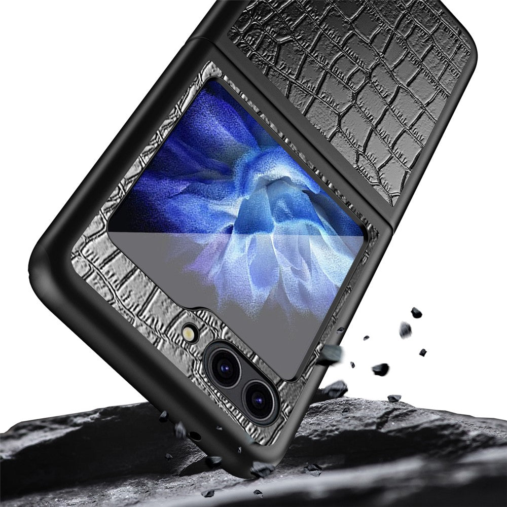 For Samsung Galaxy Z Flip7 FE 5G / Z Flip6 5G / Z Flip5 5G Case Crocodile Texture PU Leather Back Cover - Black