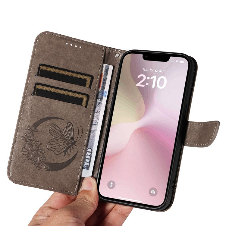 For iPhone 16e Case with Hand Strap Butterfly PU Leather Wallet Phone Cover - Grey