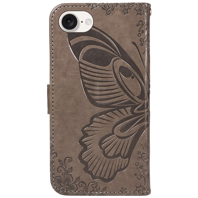 For iPhone 16e Case with Hand Strap Butterfly PU Leather Wallet Phone Cover - Grey