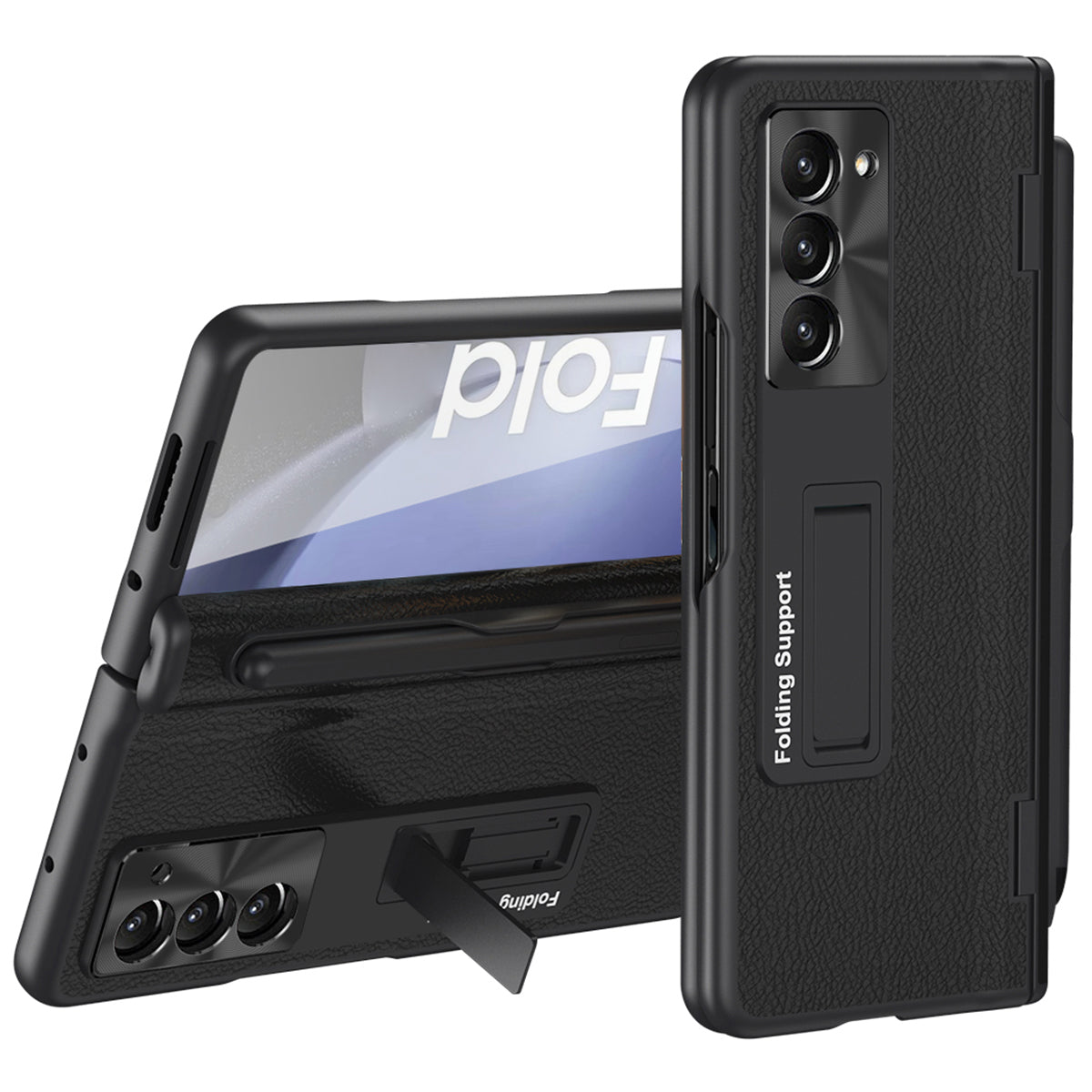 For Samsung Galaxy Z Fold6 5G Kickstand Case Leather+PC Phone Cover with Stylus and Tempered Glass Film - Black