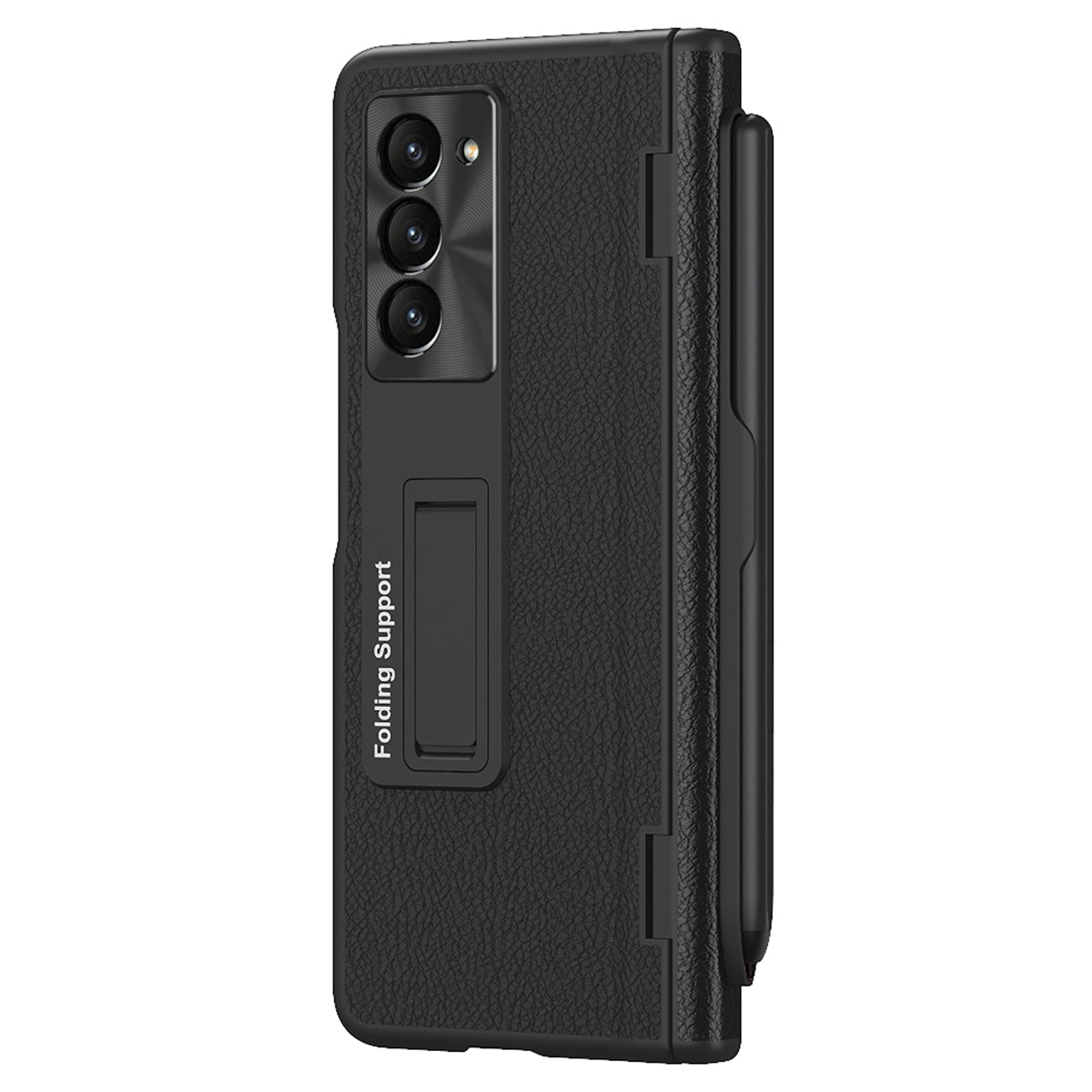 For Samsung Galaxy Z Fold6 5G Kickstand Case Leather+PC Phone Cover with Stylus and Tempered Glass Film - Black