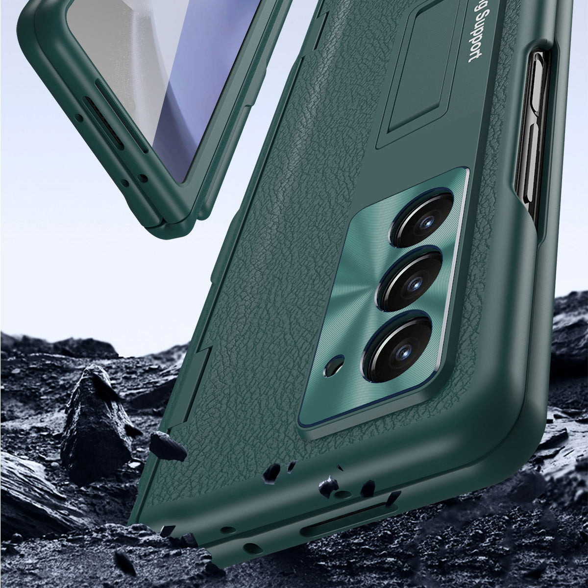 For Samsung Galaxy Z Fold6 5G Kickstand Case Leather+PC Phone Cover with Stylus and Tempered Glass Film - Black