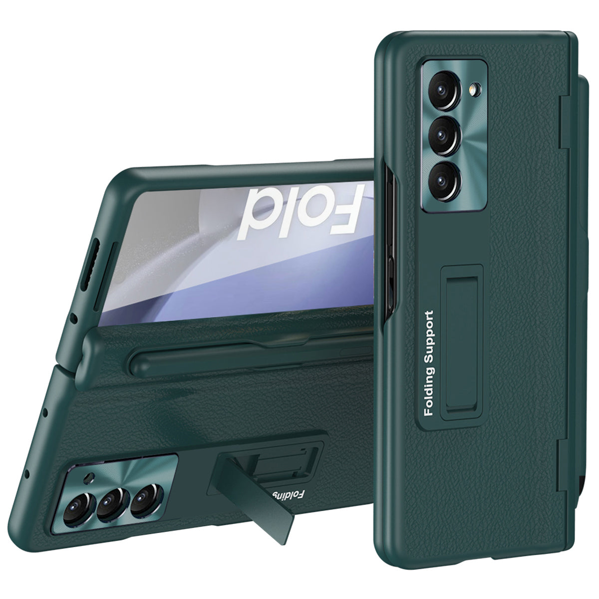 For Samsung Galaxy Z Fold6 5G Kickstand Case Leather+PC Phone Cover with Stylus and Tempered Glass Film - Green