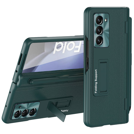 For Samsung Galaxy Z Fold6 5G Kickstand Case Leather+PC Phone Cover with Stylus and Tempered Glass Film - Green