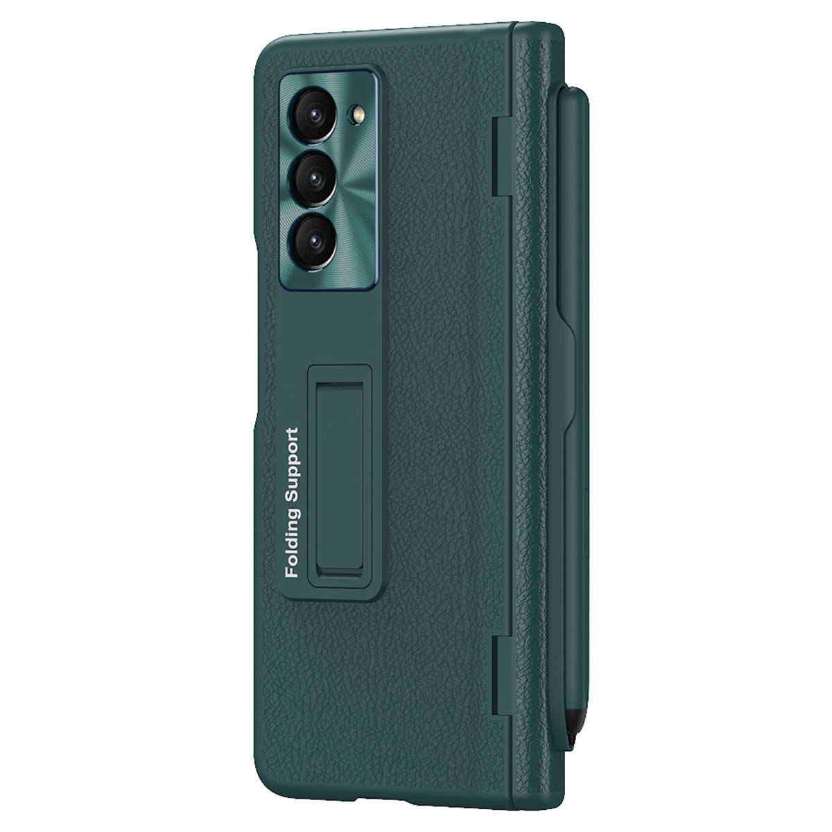 For Samsung Galaxy Z Fold6 5G Kickstand Case Leather+PC Phone Cover with Stylus and Tempered Glass Film - Green