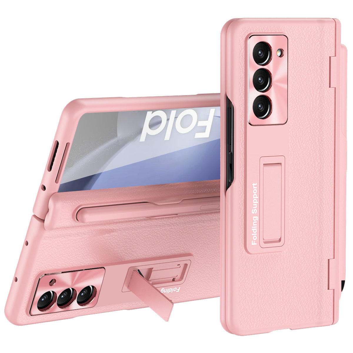 For Samsung Galaxy Z Fold6 5G Kickstand Case Leather+PC Phone Cover with Stylus and Tempered Glass Film - Pink