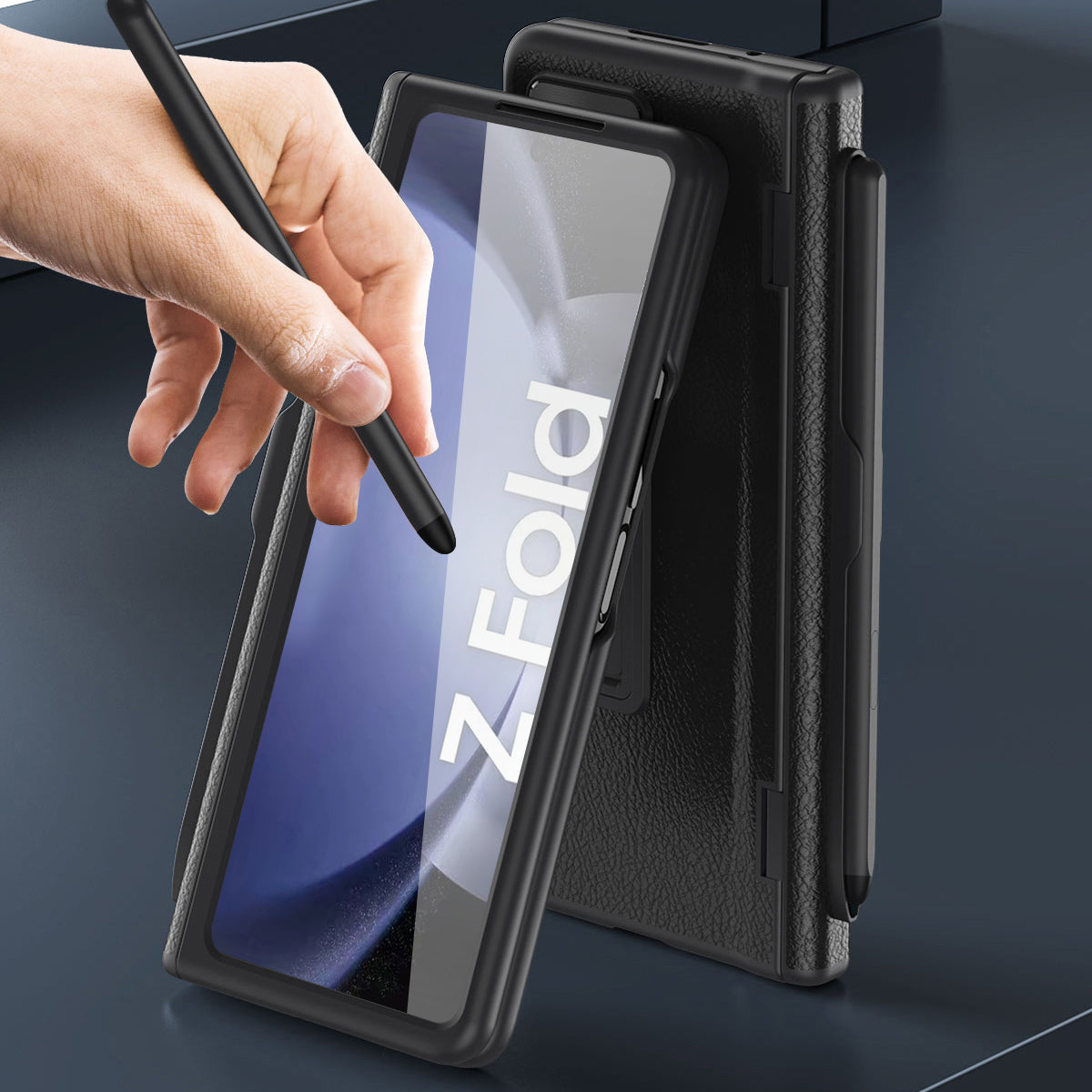 For Samsung Galaxy Z Fold6 5G Kickstand Case Leather+PC Phone Cover with Stylus and Tempered Glass Film - Sapphire