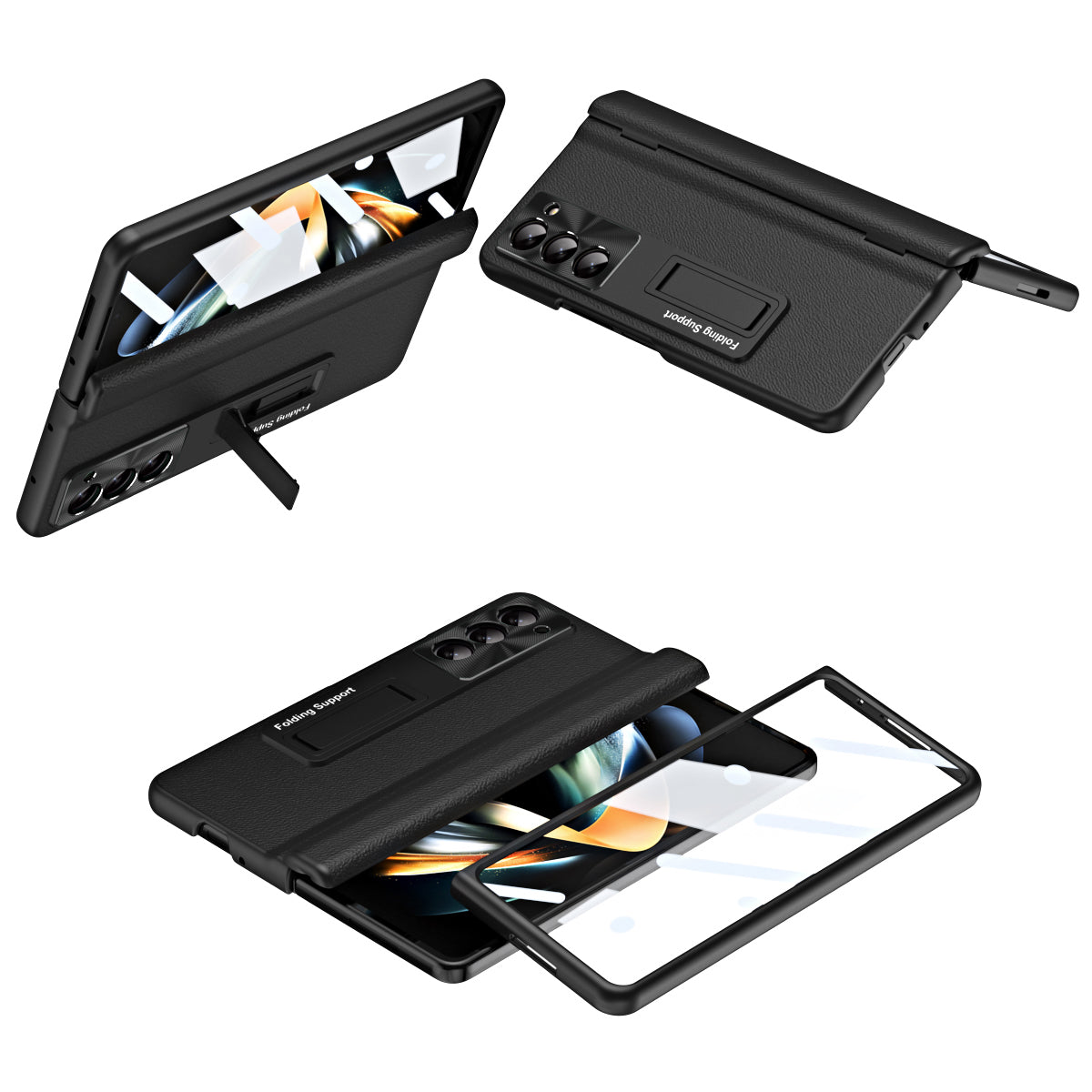 For Samsung Galaxy Z Fold6 5G Kickstand Cover PU Leather+PC Phone Case with Front Screen Film - Black