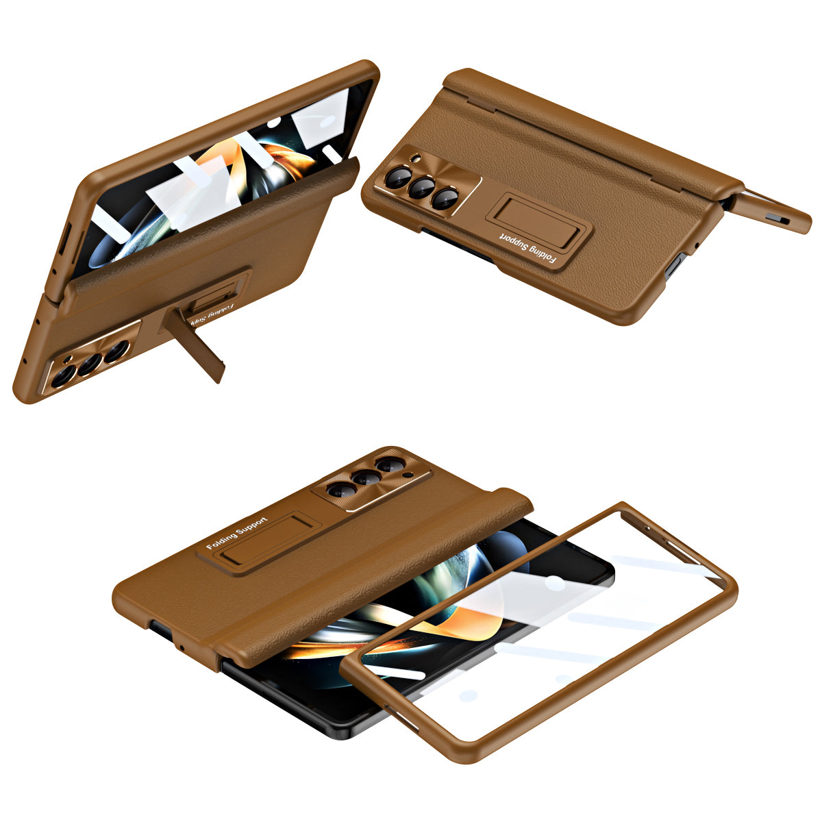For Samsung Galaxy Z Fold6 5G Kickstand Cover PU Leather+PC Phone Case with Front Screen Film - Brown