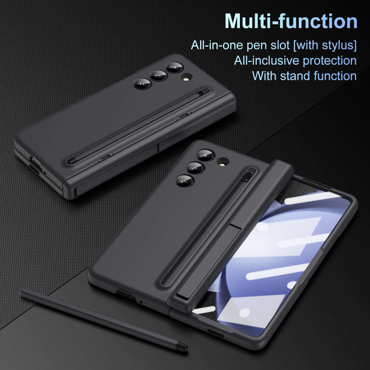 For Samsung Galaxy Z Fold6 5G Case Hard PC Phone Cover with Stylus and Tempered Glass Film - Black