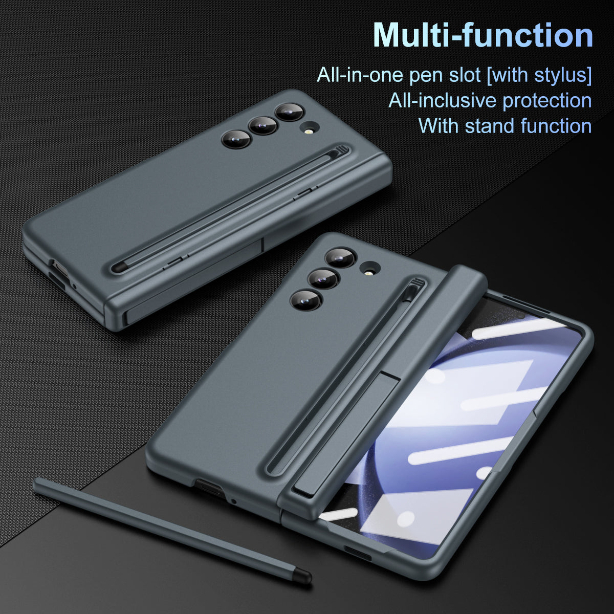 For Samsung Galaxy Z Fold6 5G Case Hard PC Phone Cover with Stylus and Tempered Glass Film - Grey Green