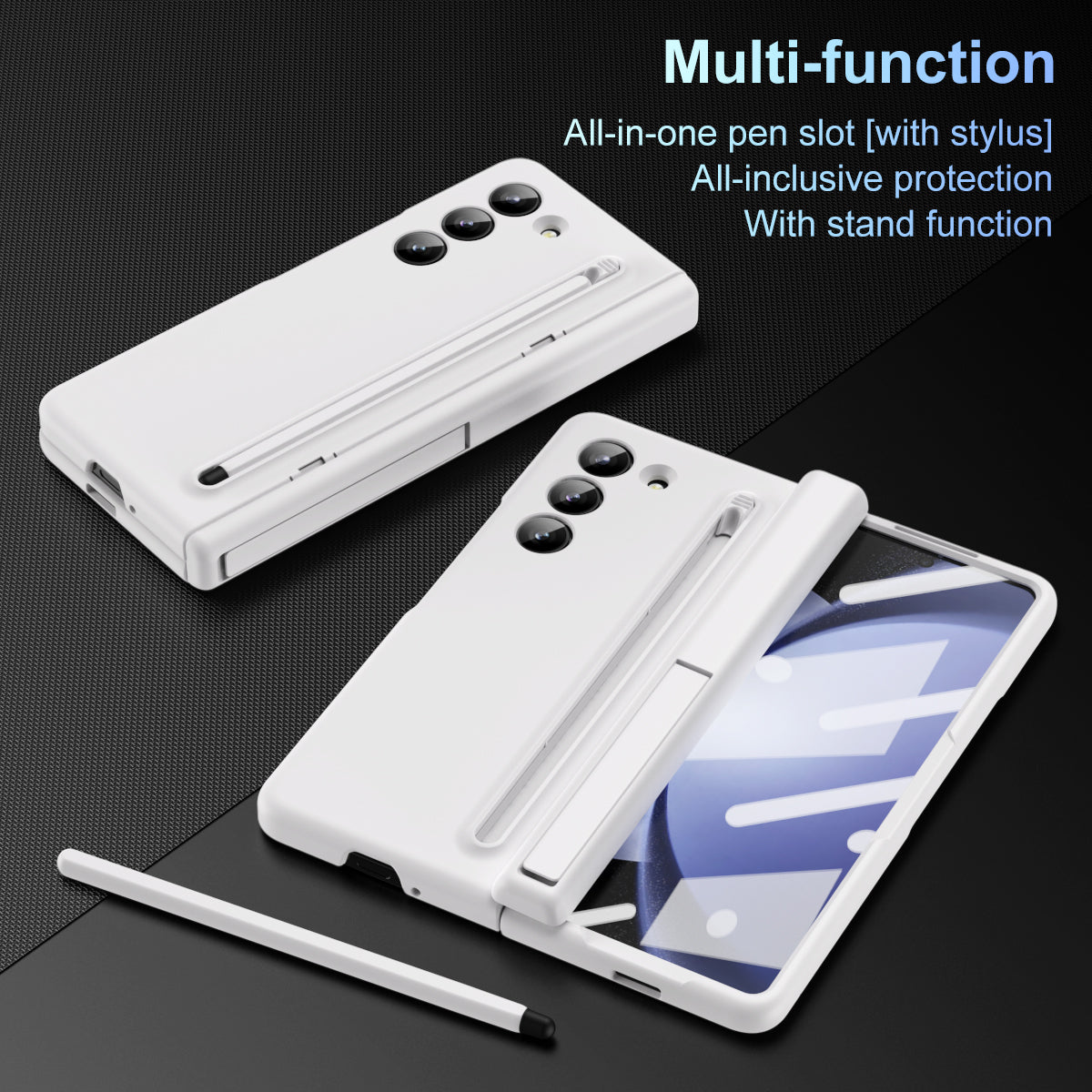 For Samsung Galaxy Z Fold6 5G Case Hard PC Phone Cover with Stylus and Tempered Glass Film - White
