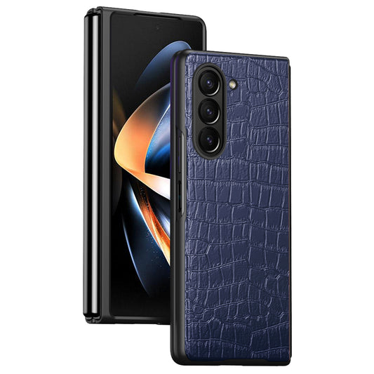 For Samsung Galaxy Z Fold6 5G Case Crocodile Texture Leather Coated PC Hard Phone Cover - Blue