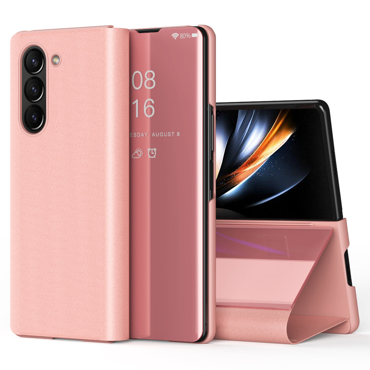 For Samsung Galaxy Z Fold6 5G Case View Window PU Leather+PC Electroplating Phone Cover - Rose Gold
