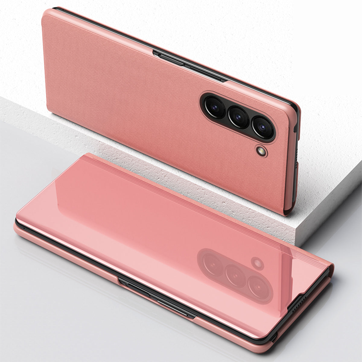 For Samsung Galaxy Z Fold6 5G Case View Window PU Leather+PC Electroplating Phone Cover - Rose Gold