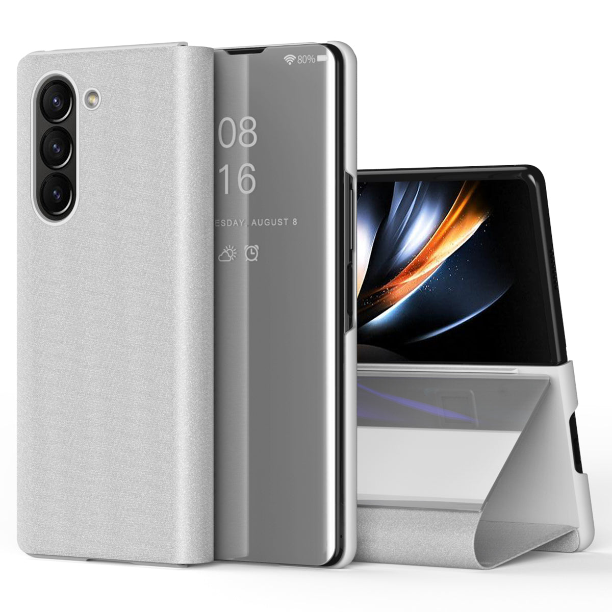 For Samsung Galaxy Z Fold6 5G Case View Window PU Leather+PC Electroplating Phone Cover - Silver