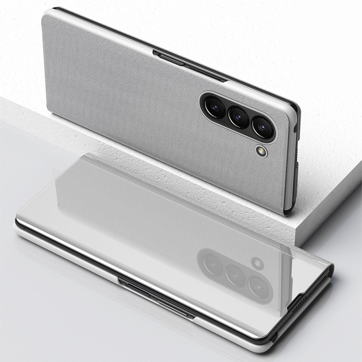For Samsung Galaxy Z Fold6 5G Case View Window PU Leather+PC Electroplating Phone Cover - Silver