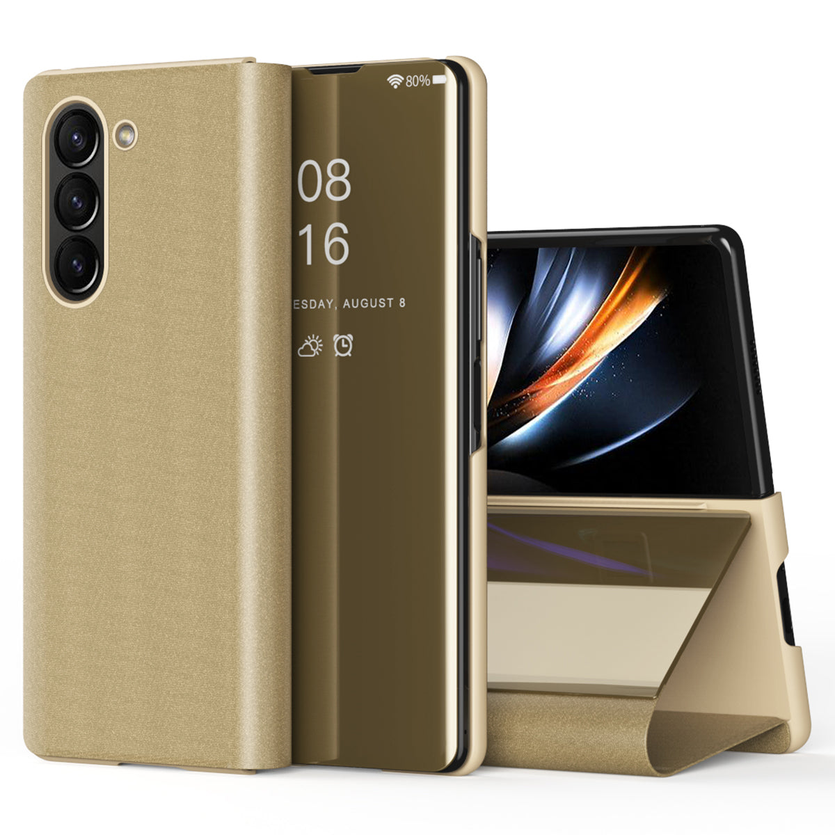 For Samsung Galaxy Z Fold6 5G Case View Window PU Leather+PC Electroplating Phone Cover - Gold