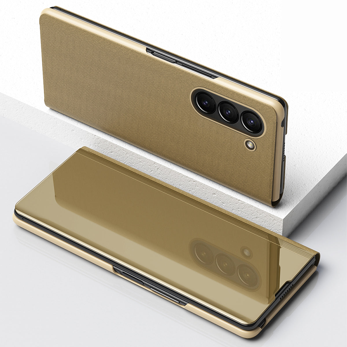 For Samsung Galaxy Z Fold6 5G Case View Window PU Leather+PC Electroplating Phone Cover - Gold