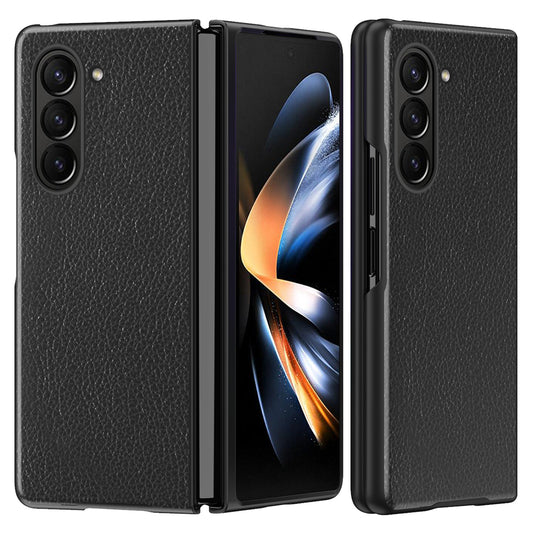 For Samsung Galaxy Z Fold6 5G Case Litchi Texture PU Leather Coated PC Phone Cover - Black