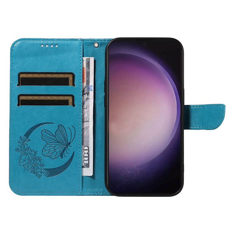For Samsung Galaxy S24 Ultra Case Butterfly Imprinted Leather Wallet Phone Cover - Blue