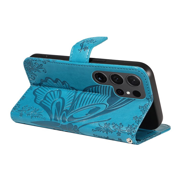For Samsung Galaxy S24 Ultra Case Butterfly Imprinted Leather Wallet Phone Cover - Blue