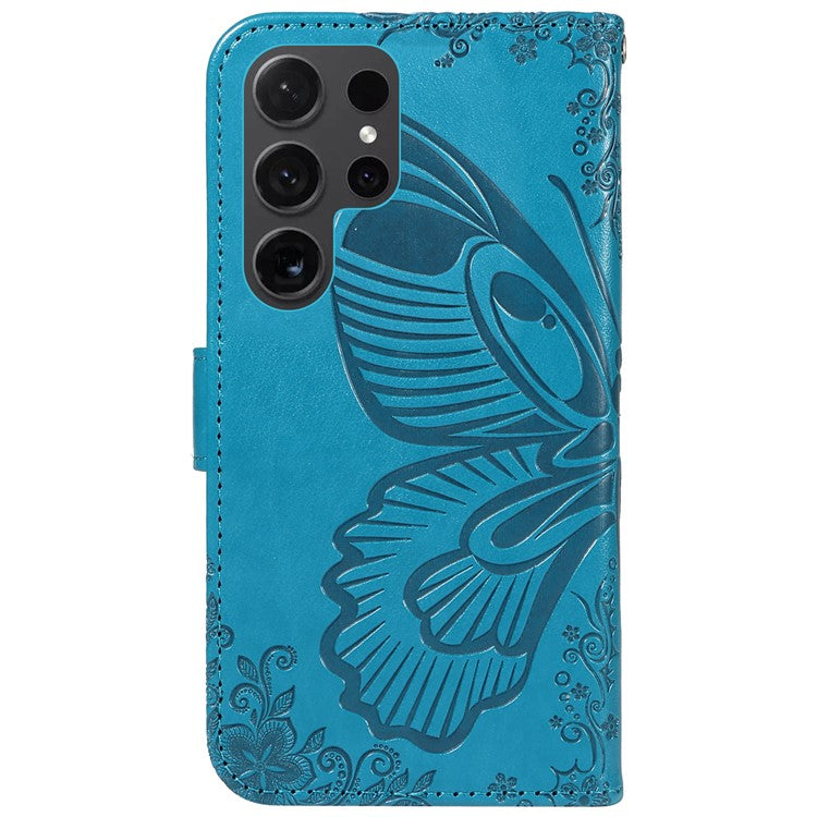For Samsung Galaxy S24 Ultra Case Butterfly Imprinted Leather Wallet Phone Cover - Blue