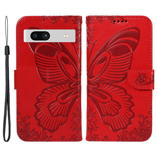 For Google Pixel 7a Case Swallowtail Butterfly Wallet PU Leather Phone Cover - Red