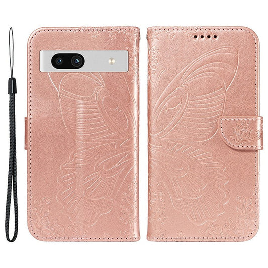 For Google Pixel 7a Case Swallowtail Butterfly Wallet PU Leather Phone Cover - Rose Gold
