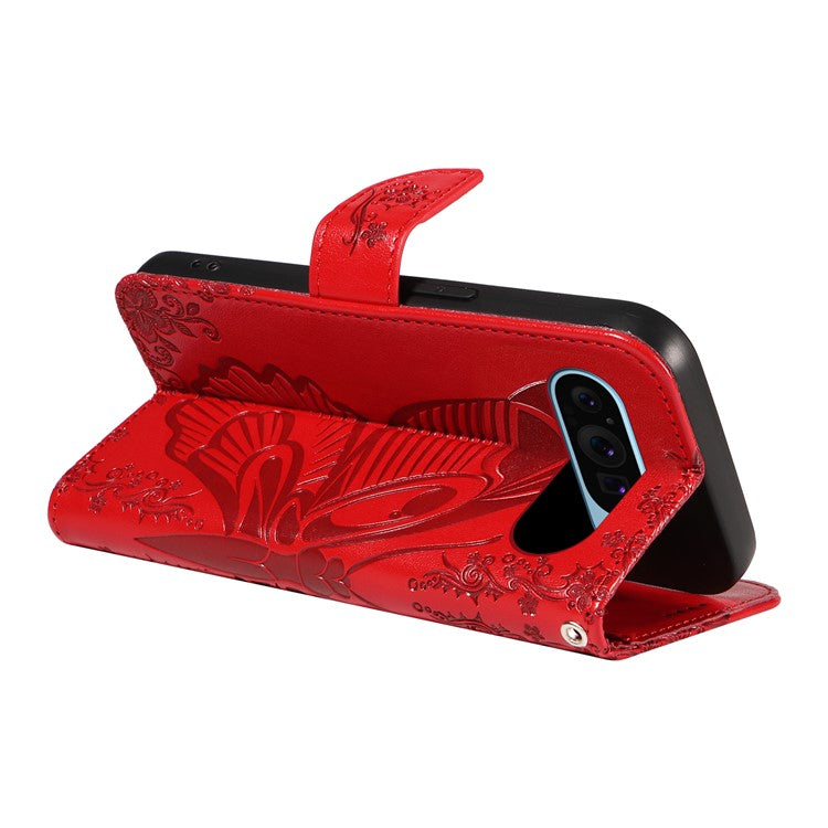 For Google Pixel 9 / 9 Pro Case Pattern Imprint Scratch Resistant Leather Wallet Phone Cover - Red