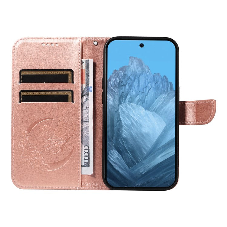 For Google Pixel 9 / 9 Pro Case Pattern Imprint Scratch Resistant Leather Wallet Phone Cover - Rose Gold
