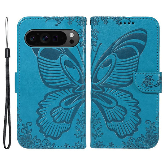 For Google Pixel 9 Pro / Pixel 9 Case Flip Stand PU Leather Phone Cover Swallowtail Butterfly - Blue