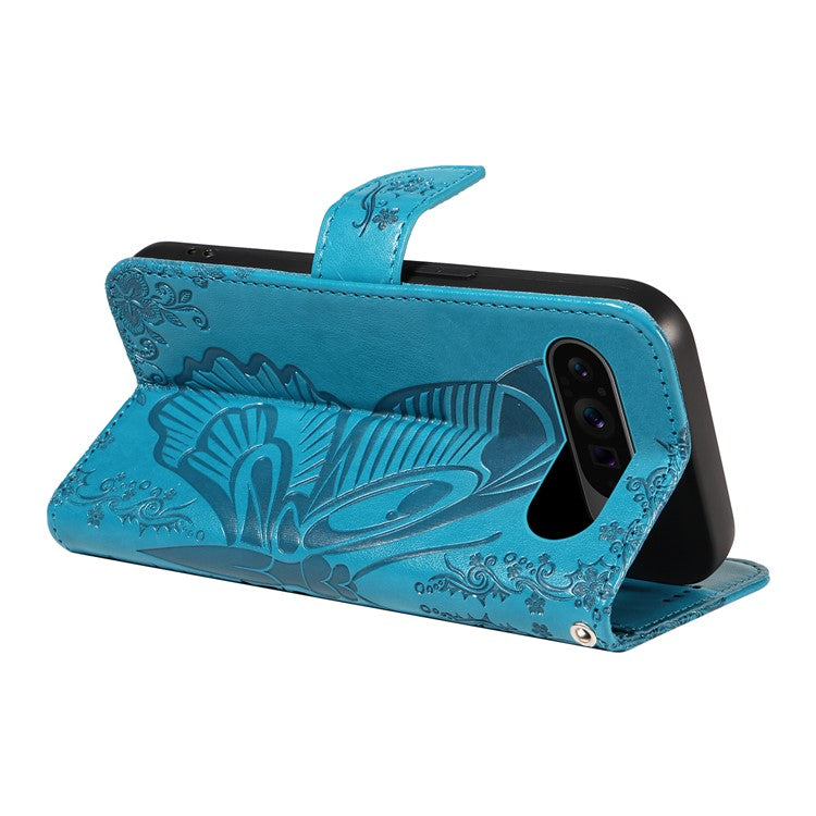 For Google Pixel 9 Pro / Pixel 9 Case Flip Stand PU Leather Phone Cover Swallowtail Butterfly - Blue