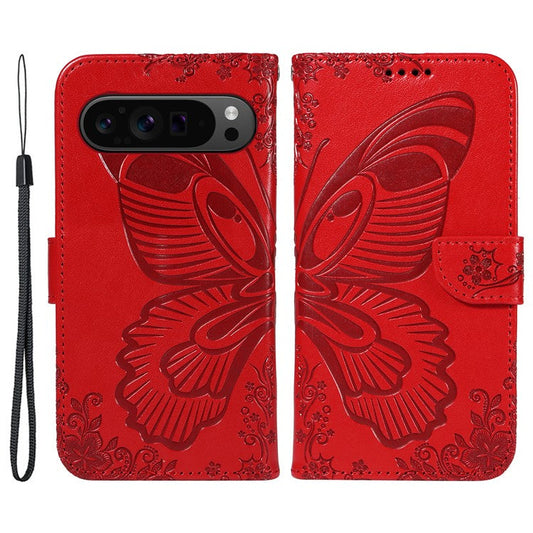 For Google Pixel 9 Pro / Pixel 9 Case Flip Stand PU Leather Phone Cover Swallowtail Butterfly - Red