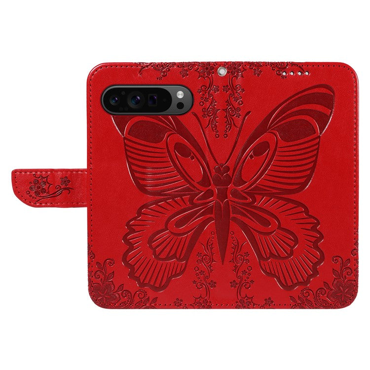 For Google Pixel 9 Pro / Pixel 9 Case Flip Stand PU Leather Phone Cover Swallowtail Butterfly - Red